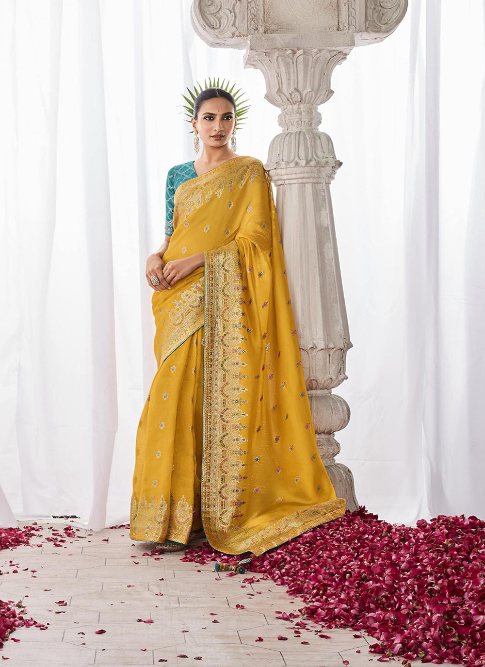 Yellow colour best sale party wear saree