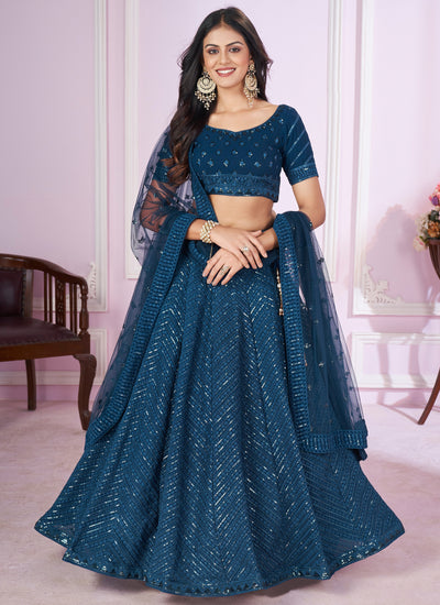 Teal Georgette Sequins Embroidered Wedding Wear Lehenga Choli