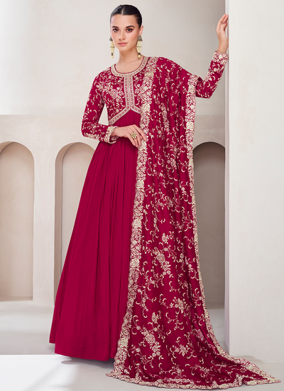 Schiffli Boral Work & Fancy Hand Work On Neck Premium Silk Gown With Dupatta In Red