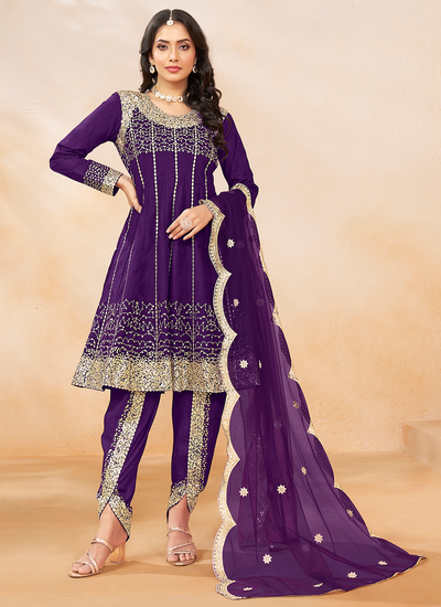 Sequins Embroidered Purple Art Silk Readymade Dhoti Style Suit