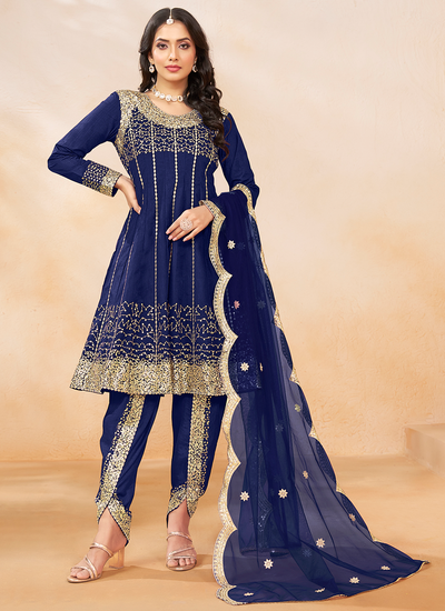 Art Silk Sequins Embroidered Readymade Dhoti Style Suit In Blue