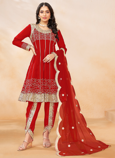 Readymade Red Art Silk Sequins Embroidered Dhoti Style Suit