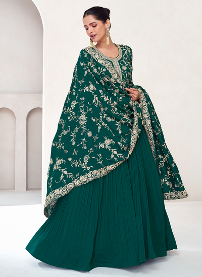 Designer Green Hand Work & Schiffli Boral Work & On Neck Premium Silk Gown With Dupatta