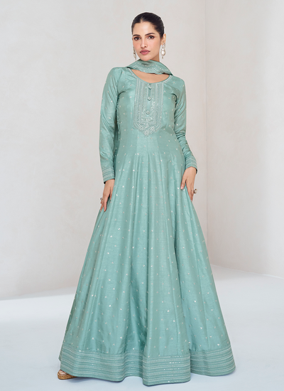 Pale Turquoise Premium Silk Sequins Embroidered Wedding Anarkali Gown With Dupatta