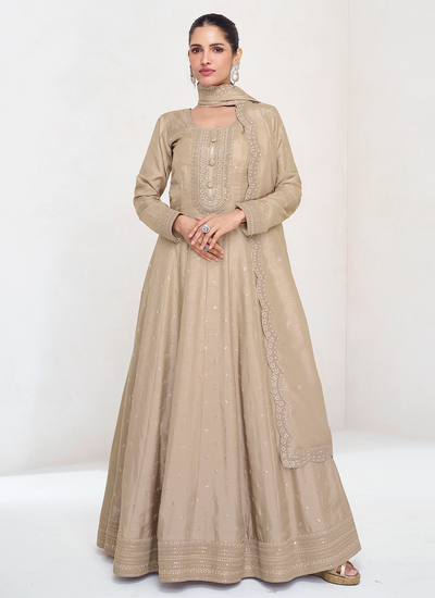 Premium Silk Sequins Embroidered Beige Wedding Anarkali Gown With Dupatta