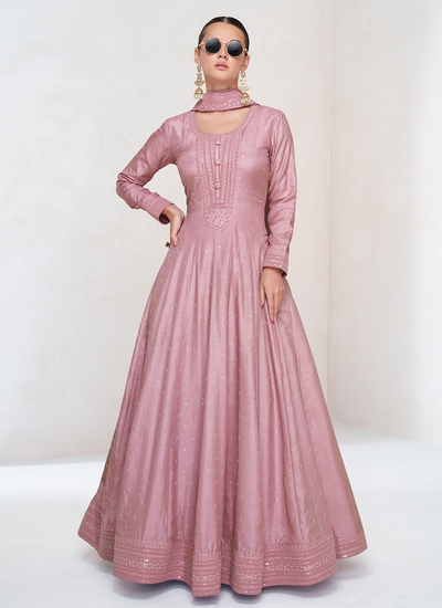 Sequins Embroidered Premium Silk Wedding Anarkali Gown With Dupatta In Pink