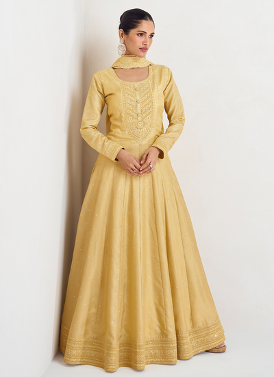 Light Yellow Sequins Embroidered Premium Silk Wedding Anarkali Gown With Dupatta