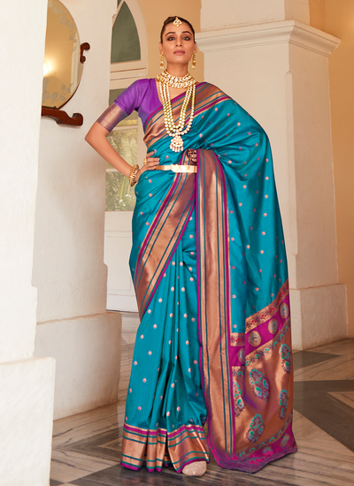 Blue Green Paithani Silk Traditional Festival Saree