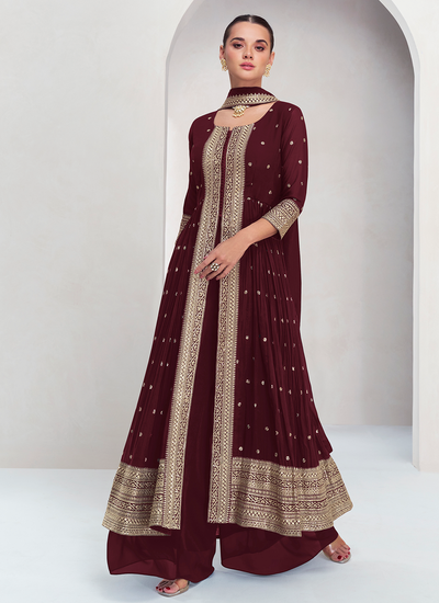 Readymade Real Georgette Sequins Thread Embroidered Palazzo Suit In Maroon