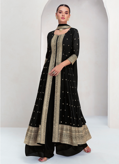 Black Readymade Real Georgette Sequins Thread Embroidered Palazzo Suit