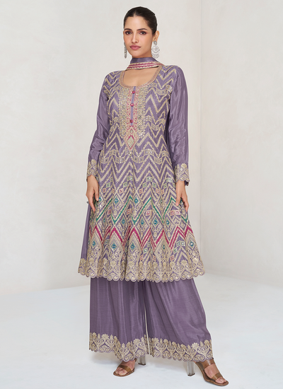 Lavender Readymade Chinon Silk Beads And Sequins Embroidered Palazzo Suit