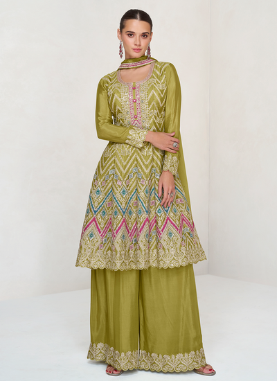 Readymade Pear Green Beads And Sequins Embroidered Chinon Silk Palazzo Suit