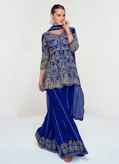 Cording Zari Sequins Embroidered Real Georgette Blue Peplum Style Palazzo Suit