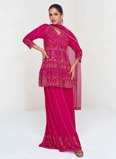 Rani Pink Cording Zari Sequins Embroidered Real Georgette Peplum Style Palazzo Suit