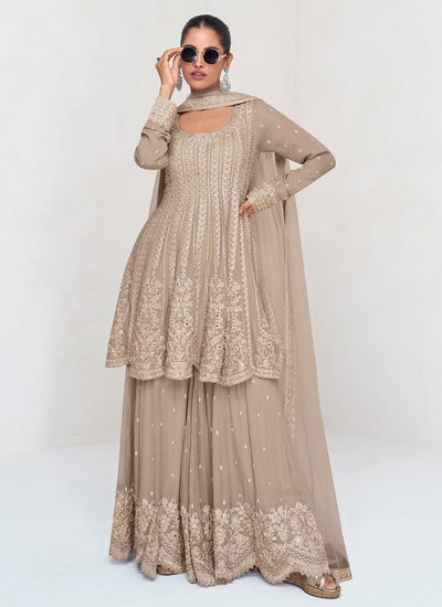 Real Georgette Beige Embroidered And Beads Work Readymade Sharara Suit