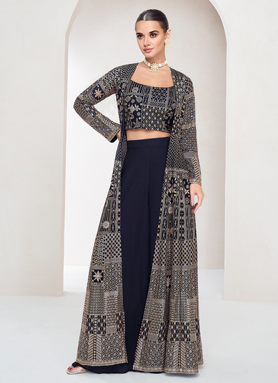 Real Georgette Navy Blue Festive Wear Sequins Embroidered Indo Western Palazzo Suit