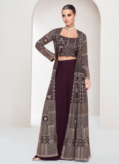 Wine Festive Wear Real Georgette Sequins Embroidered Indo Western Palazzo Suit