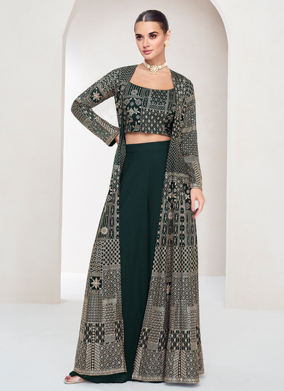 Festive Wear Real Georgette Green Sequins Embroidered Indo Western Palazzo Suit