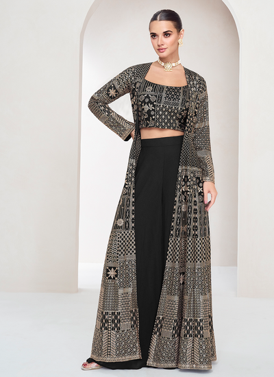 Sequins Embroidered Festive Wear Real Georgette Indo Western Palazzo Suit In Black