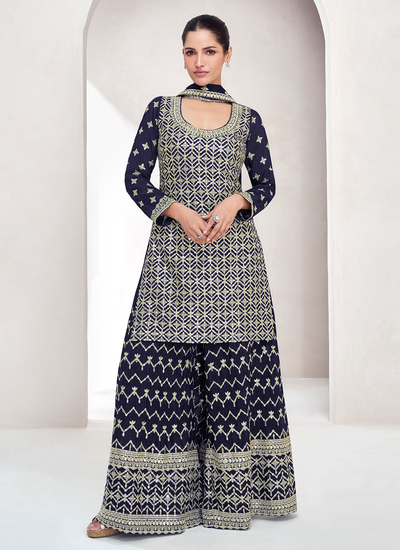 Navy Blue Readymade Chinon Silk Sequins And Embroidery Work Palazzo Suit