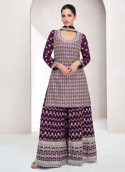 Readymade Purple Chinon Silk Sequins And Embroidery Work Palazzo Suit