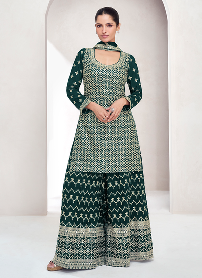 Readymade Chinon Silk Sequins And Embroidery Work Palazzo Suit In Green