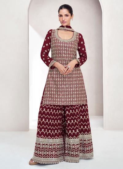 Maroon Sequins And Embroidery Work Readymade Chinon Silk Palazzo Suit