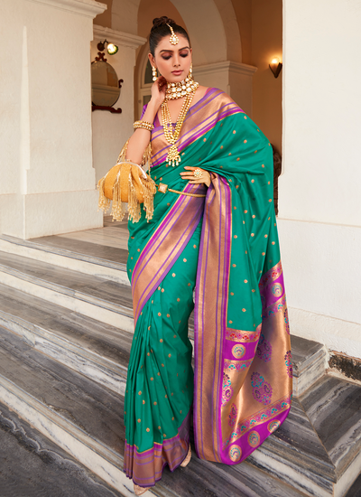 Latest Paithani Silk Traditional Festival Saree In Jungle Green