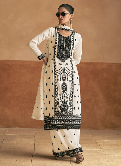 Fancy Embroidered Premium Chinon Silk White Palazzo Suit