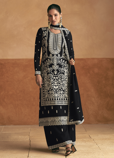 Premium Chinon Silk Black Embroidered Palazzo Suit