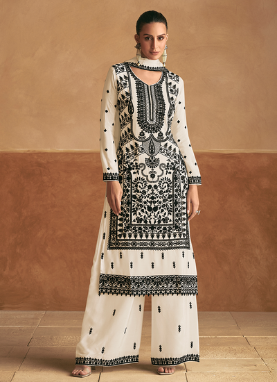 Designer White Premium Chinon Silk Embroidered Palazzo Suit