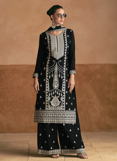 Black Premium Chinon Silk Embroidered Palazzo Suit