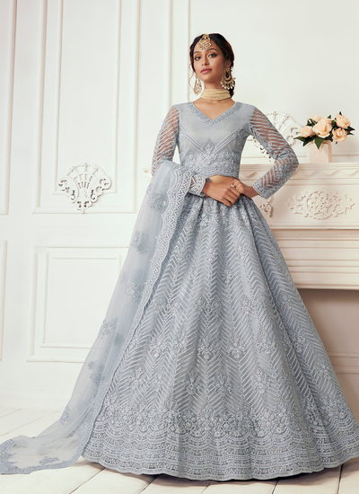 Periwinkle Powder Blue Net Cording Embroidered Wedding Lehenga Choli