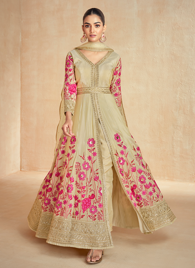 Premium Silk Beige Multi Embroidery Slit Style Readymade Anarkali Pant Suit