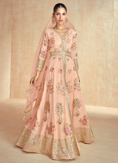 Peach Multi Embroidery Premium Silk Slit Style Readymade Anarkali Pant Suit