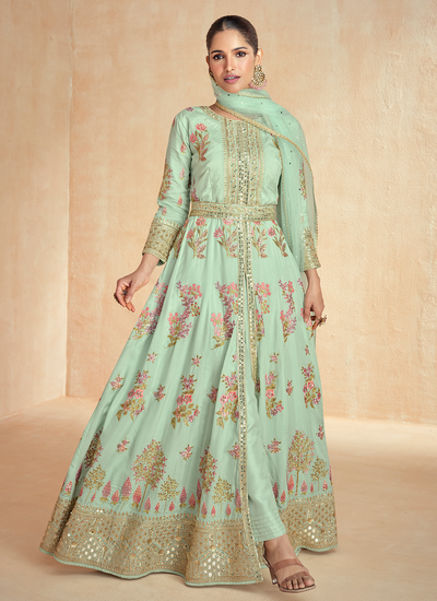 Multi Embroidery Mint Green Premium Silk Slit Style Readymade Anarkali Pant Suit