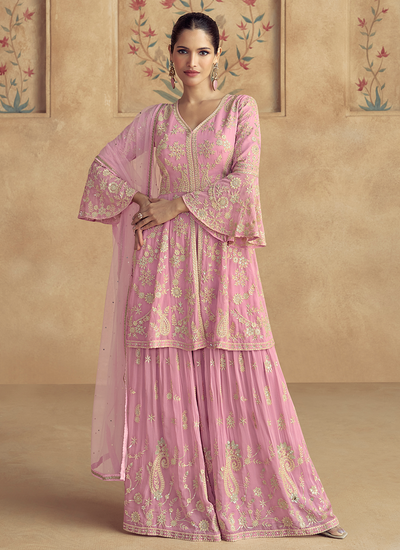 Readymade Georgette Pink Sequins Embroidered Peplum Style Sharara Suit