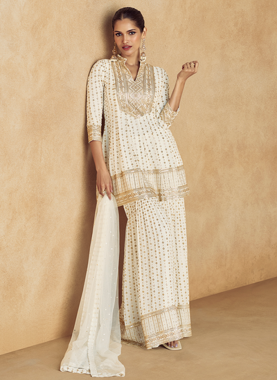 Georgette Off White Sequins Embroidered Readymade Peplum Style Sharara Suit