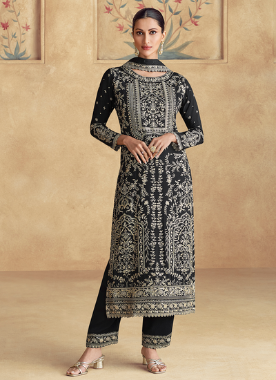 Black Sequins And Thread Work Embroidery Chinon Readymade Festive Pant Suit