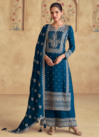 Sequins And Thread Embroidery Peacock Blue Chinon Readymade Festive Palazzo Suit