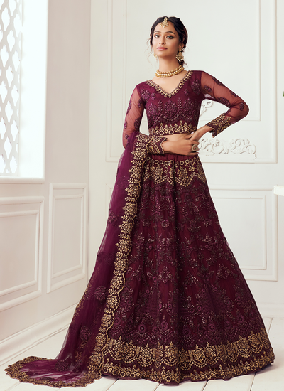 Cording Thread Zari Embroidered Wine Net Wedding Lehenga Choli