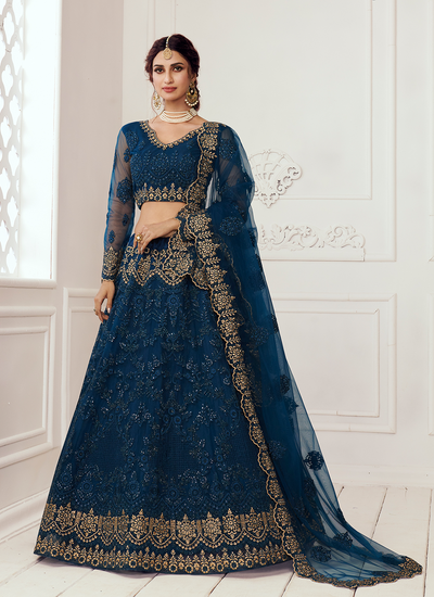 Prussian Blue Cording Thread Zari Embroidered Net Wedding Lehenga Choli