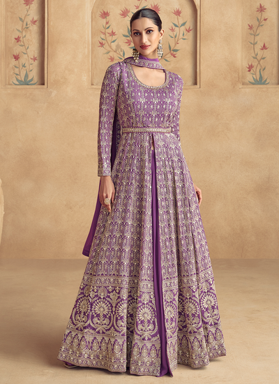 Wedding Real Georgette Purple Sequins Embroidered Anarkali Gown With Dupatta