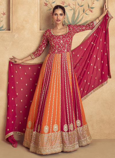 Real Georgette Red And Orange Wedding Sequins Embroidered Anarkali Gown With Dupatta