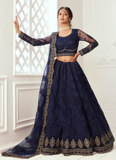 Fancy Cording Thread Zari Embroidered Navy Blue Net Wedding Lehenga Choli