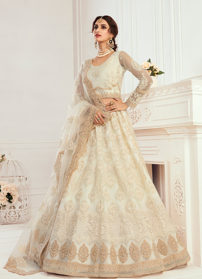 Cording Thread Zari Embroidered Net Ivory Wedding Lehenga Choli