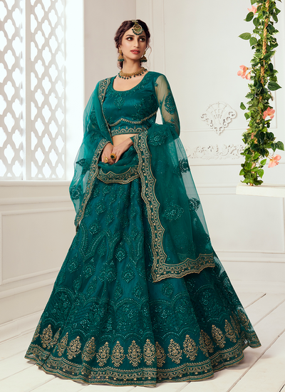 Cording Thread Zari Embroidered Net Wedding Lehenga Choli In Teal Green