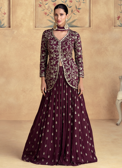 Maroon Readymade Sequins Embroidered Chinon Party Wear Lehenga Suit