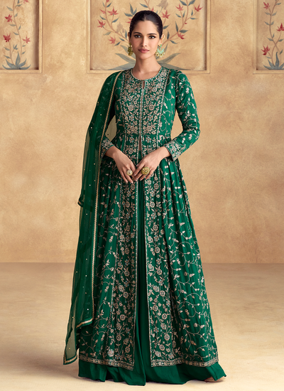 Readymade Green Sequins Embroidered Chinon Slit Style Anarkali Lehenga Suit