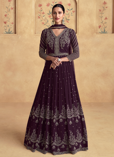 Deep Purple Embroidered Georgette Party Wear Anarkali Gown With Dupatta